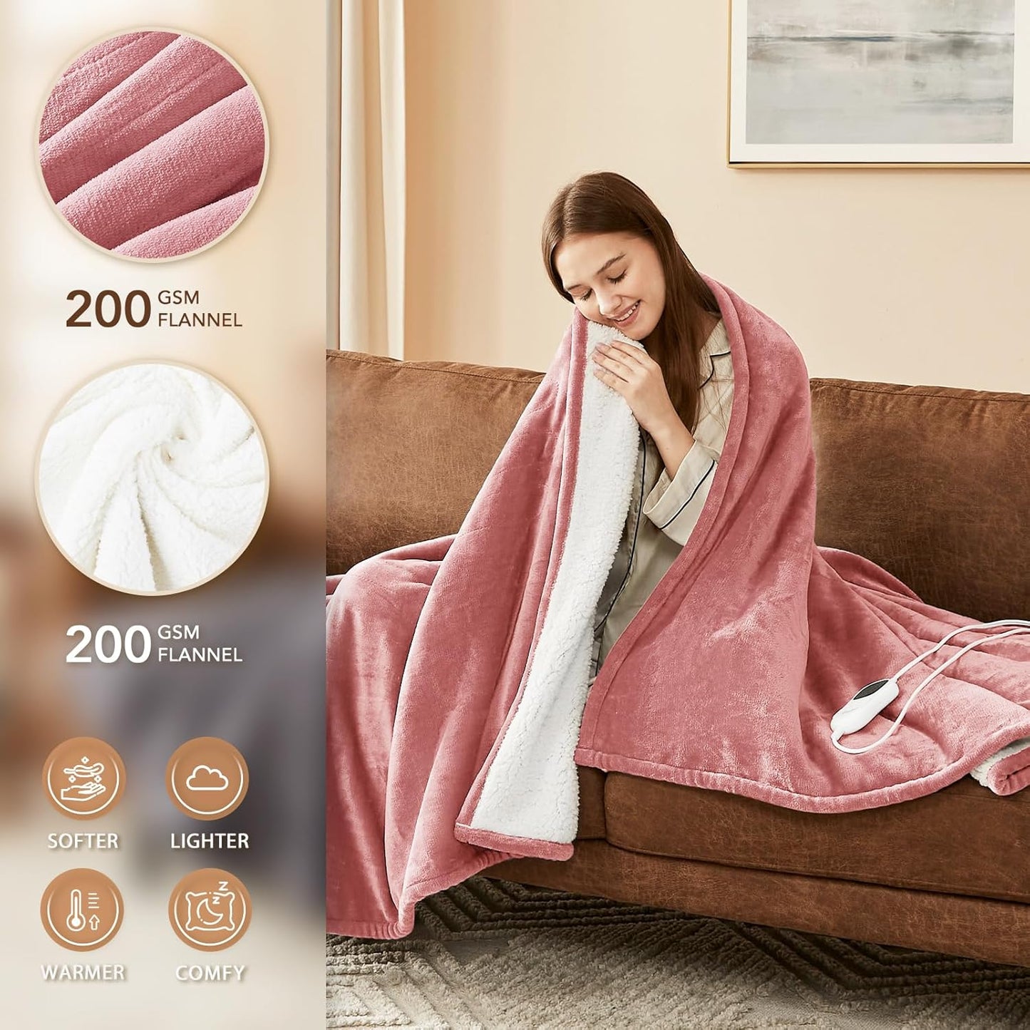 Homemate Electric Heated Blanket Queen Size - 84"x90" Heating Blanket Queen Size Dual Control 1/2/4/6/8 Hours Auto-Off 10 Heat Level Over-Heat Protection Flannel Sherpa ETL Certification