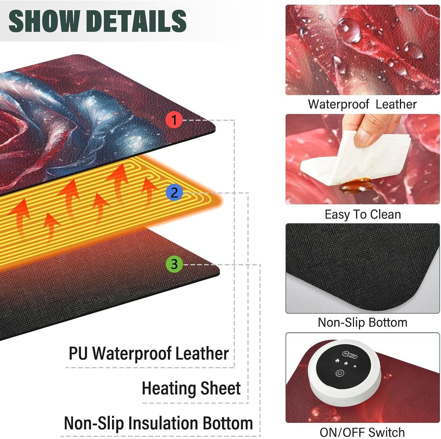 Large Heated Mouse Pad,Leather Desk Mat,31.5"x13", Hand Warmer Pads for Desk,Rose(Red)