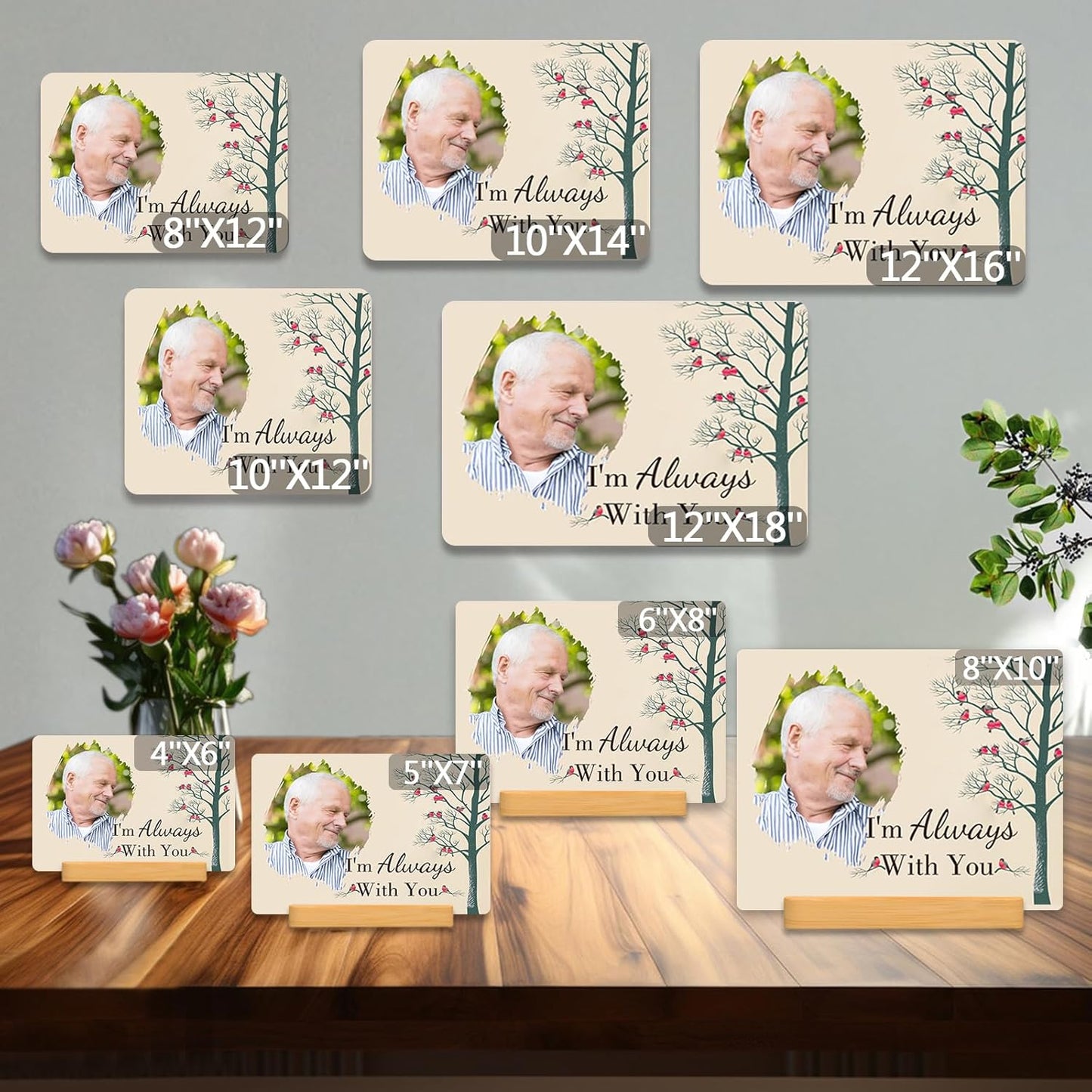 Custom Photo Prints - Metal Desktop Picture Frame with Photos & Text & Wooden Base Personalized Gifts for Family Lovers Pets and Friends, Optional Multiple Sizes