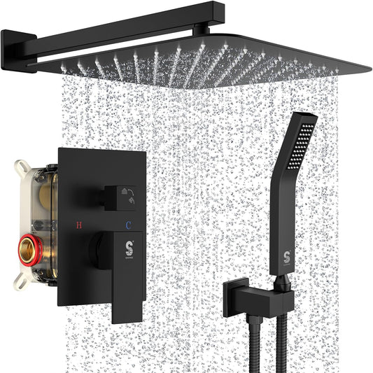 SR SUN RISE Matte Black Square Rainfall Shower Head and Handle Set, Wall Mounted Shower Fixtures, Metal Shower Faucet Trim Repair Kits (With Shower Valve) 16 Inches