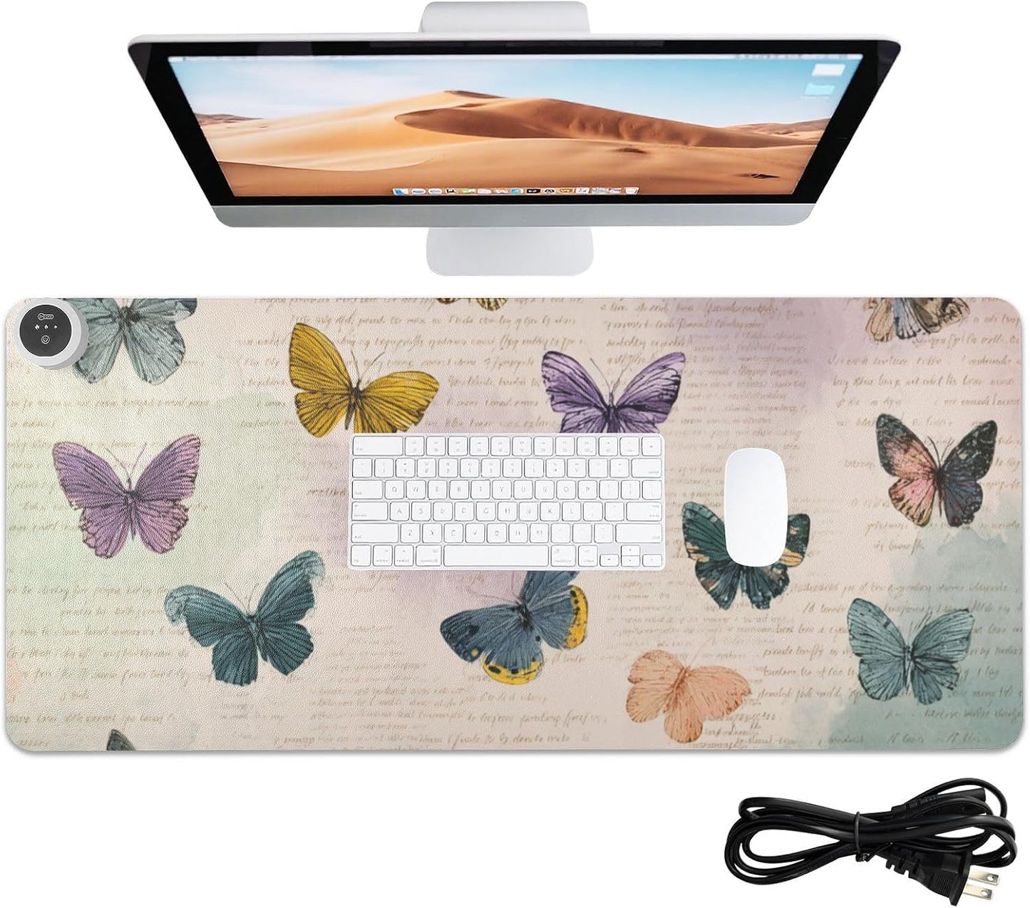Heated Desk Pad Mouse Pad 31.5x13 Inch PU Leather Desk Mat with 3 Heat Levels Large Mouse Gaming Computer Laptop Mat Vintage Beige Butterflies