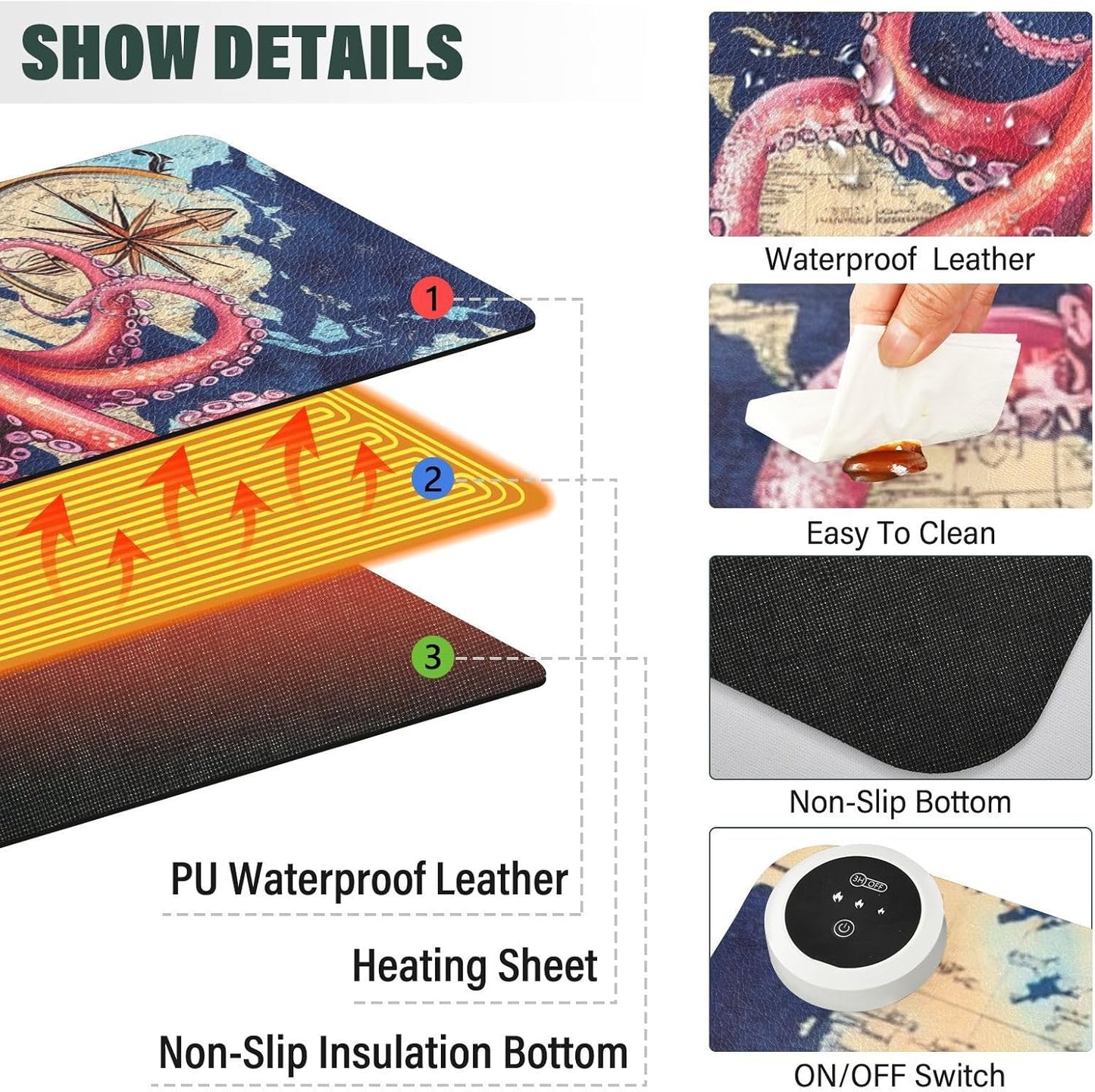 Heated Desk Pad Mouse Pad 31.5x13 Inch PU Leather Desk Mat with 3 Heat Levels Large Mouse Gaming Computer Laptop Mat Blue World Map and Octopus