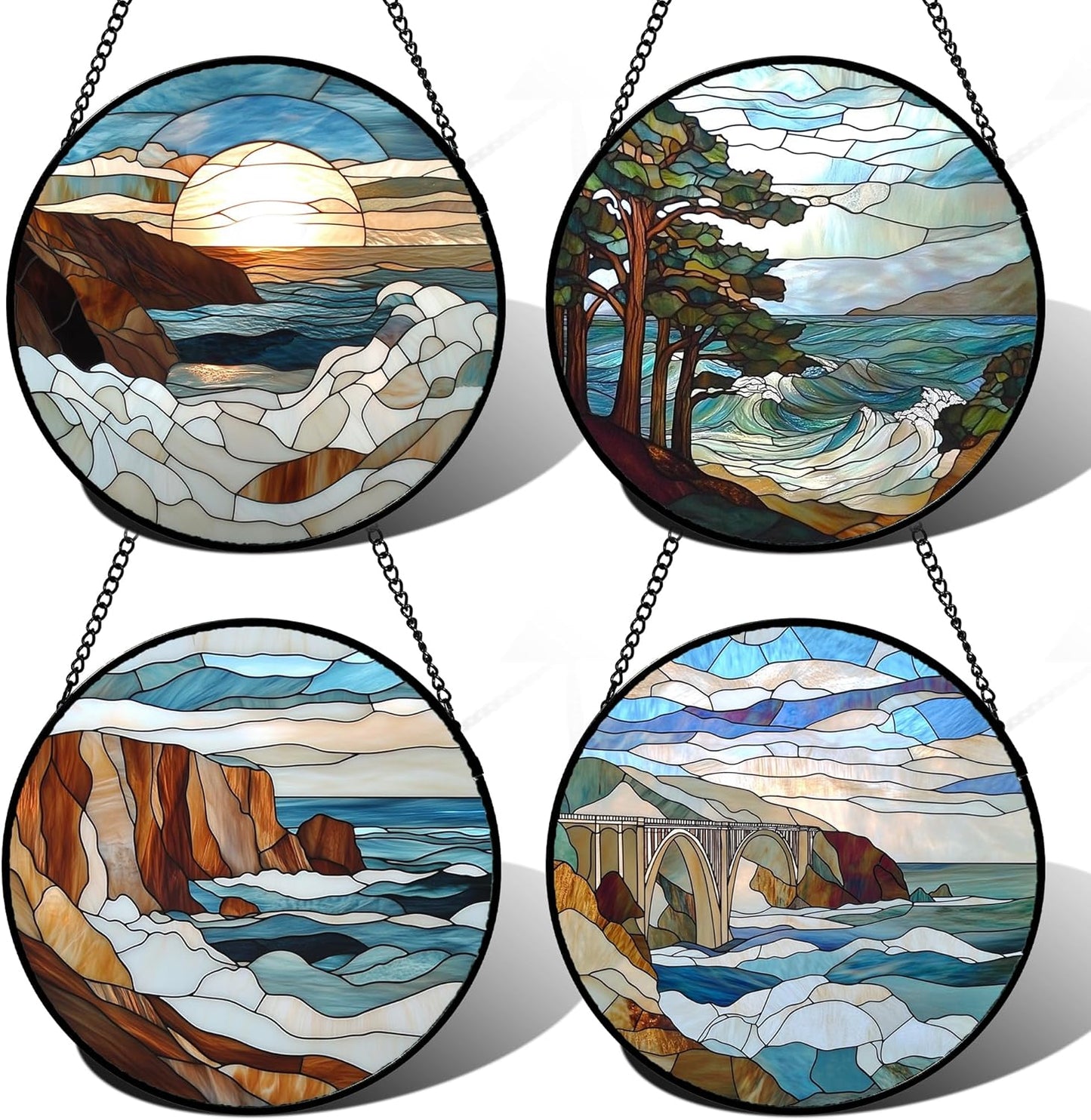 Stained Glass Window Hanging 4 Pcs Set Ocean Waves Large 15" - Blue and White Sea Suncatcher Door Garden Sun Catcher Decor Birthday Christmas for Mom Woman Nana Men