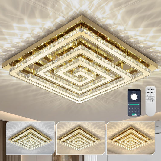 43" Modern Gold Crystal Chandelier with Remote/App Control, Dimmable Flush Mount Ceiling Light Fixture,3-Color Temperature, Led Ceiling Lamp for LivingRoom Bedroom Kitchen DiningRoom Entryway