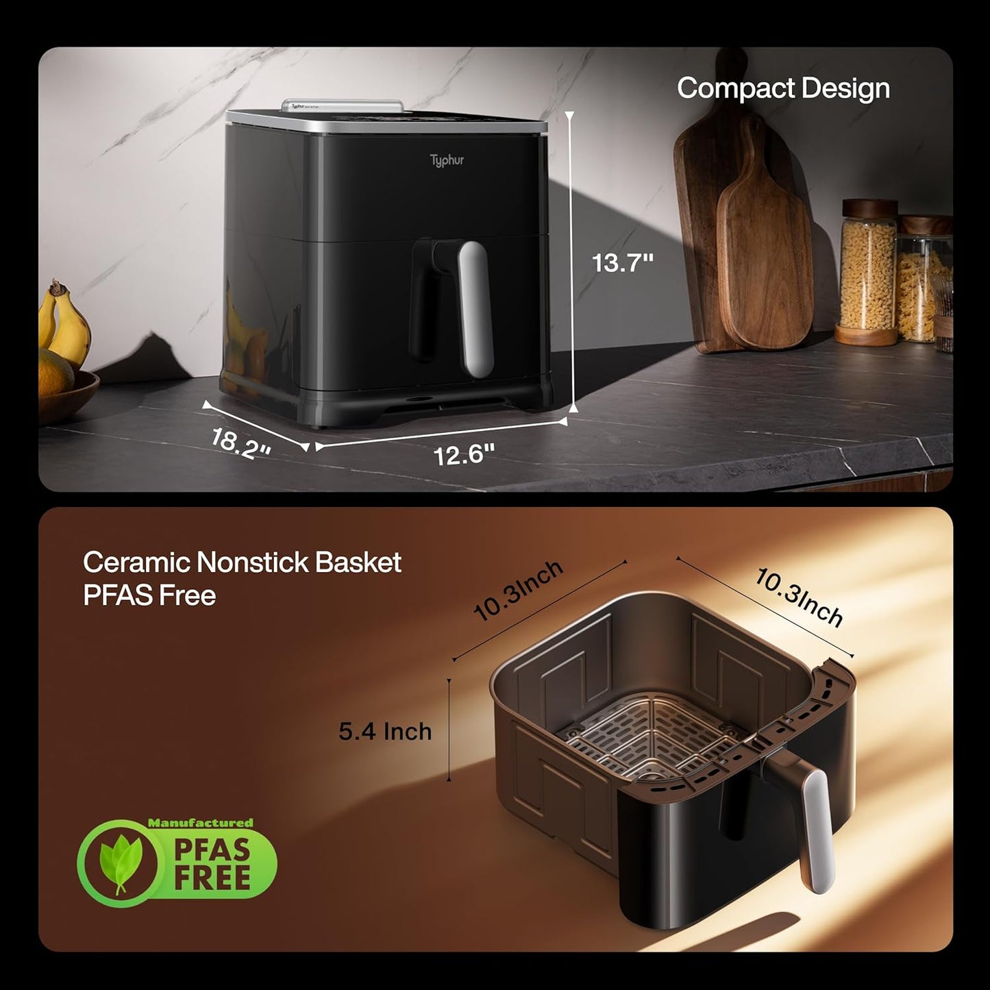 Typhur 8QT Sync Air Fryer with Built-in Wireless Meat Thermometer, 9-in-1 Smart Non Toxic Ceramic Airfryer for Quick Easy Meals, 450°F Max, Cooks 6lb Whole Chicken, Dishwasher Safe, 120V