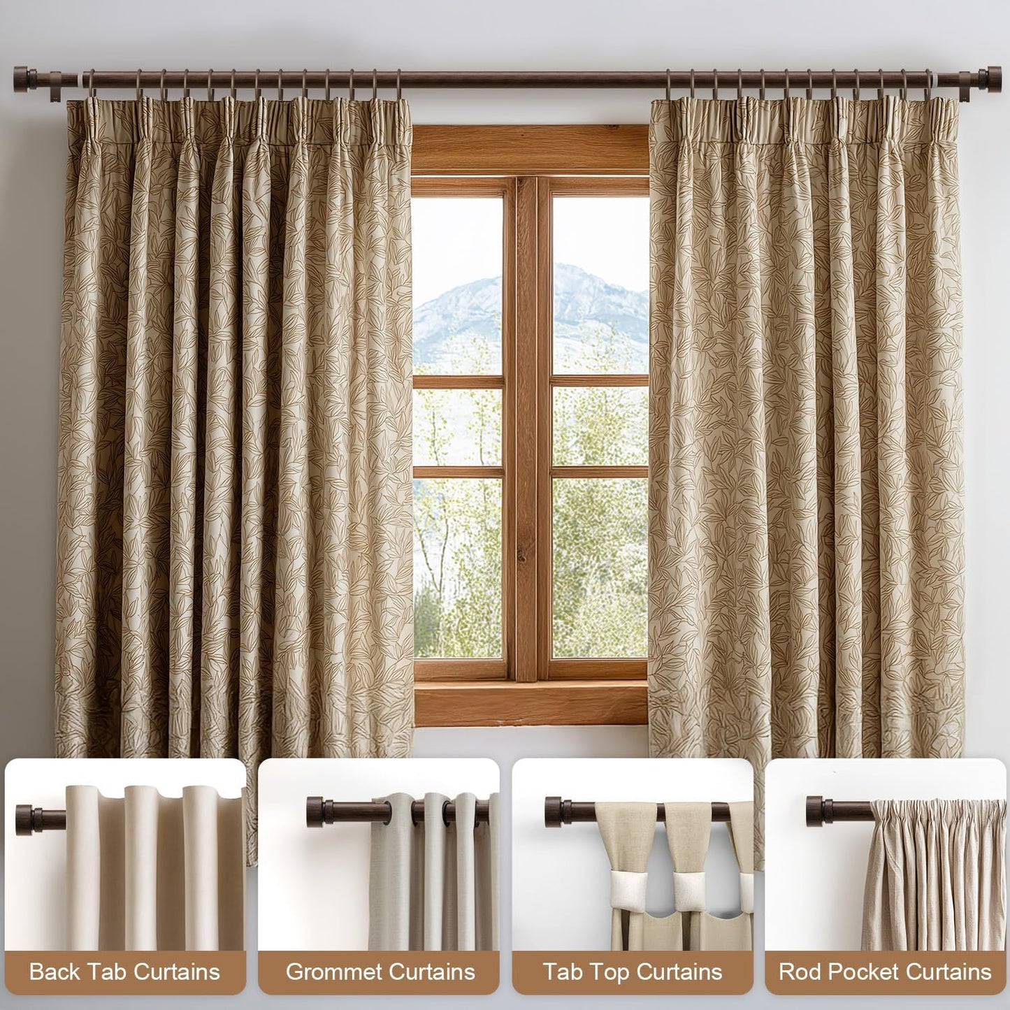 Deep Walnut Wood Grain Curtain Rods for Windows 48 to 84 Inches 1" Diameter Heavy Duty Window Curtain Rod Adjustable with Solid Finials for Living Room Bedroom Kitchen Farmhouse Outdoor