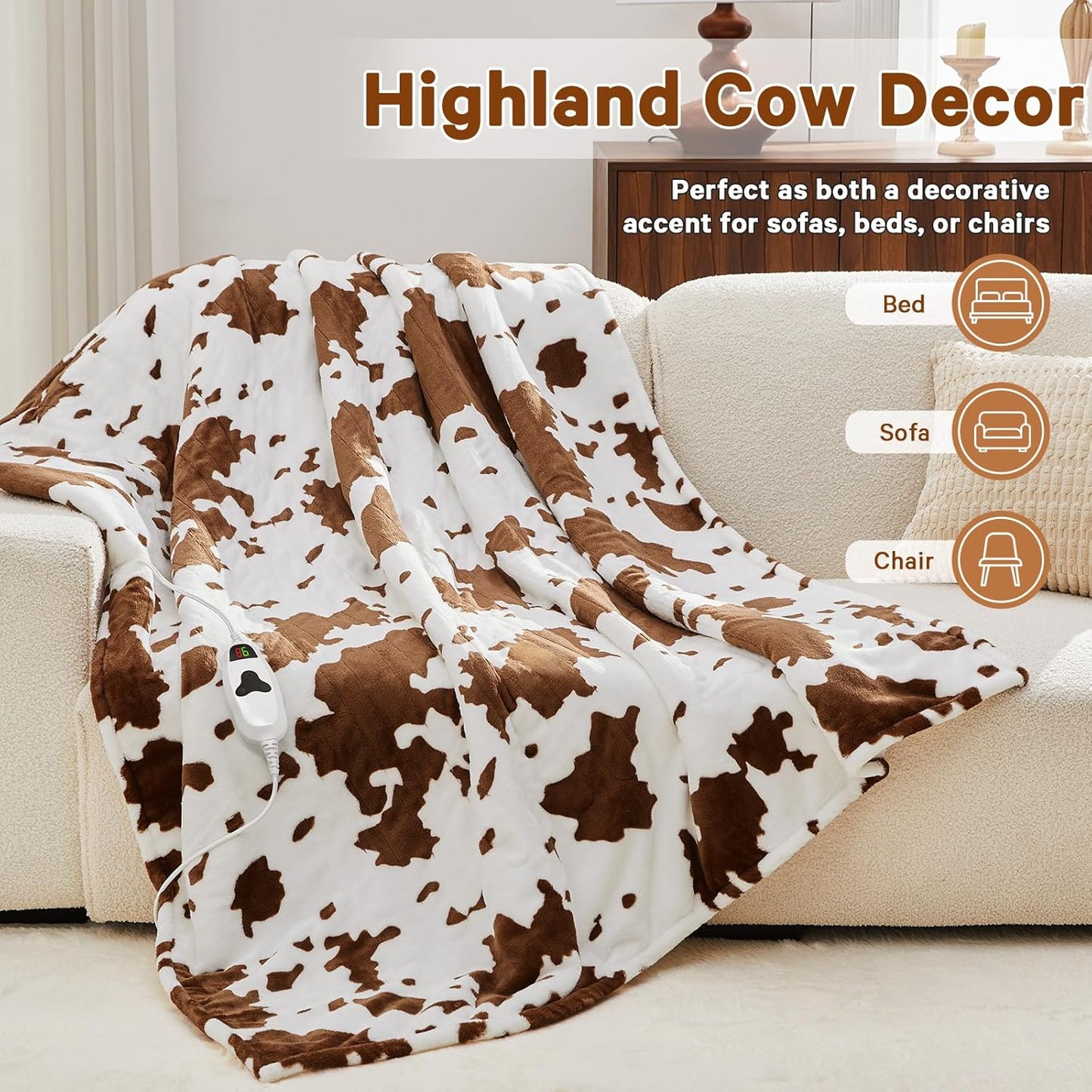 Cow Print Heated Electric Blanket Twin Size,62X84 Brown Heating Blanket with 10 Heats Levels & 8 Hours Auto Off,Highland Cow Fleece Sherpa Blankets Warmer Gifts for Women Adults Couch,Washable