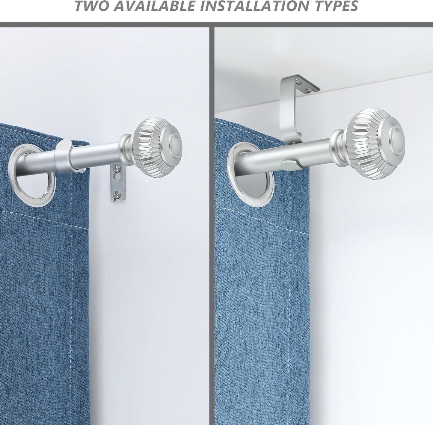 Silver Curtain Rods for Windows 28 to 48 Inches 6/8 Inch Adjustable Heavy Duty Curtain Rods with Lantern Ball Finials,Window Treatment Single Curtain Rod Set