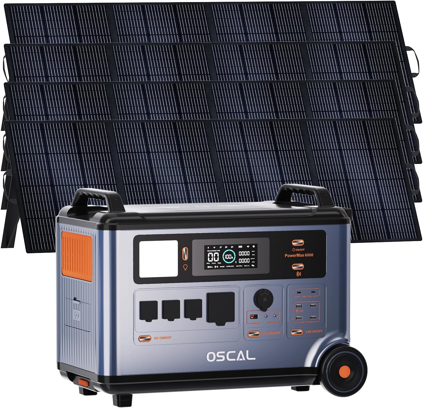 OSCAL 6000W Solar Generator(2025 New),120V/240V Split Phase Voltage Portable Power Station PowerMax 6000 with 4×200W Panel, 6000w AC Output (9000W Surge),2400W MPPT Solar for Emergency 001