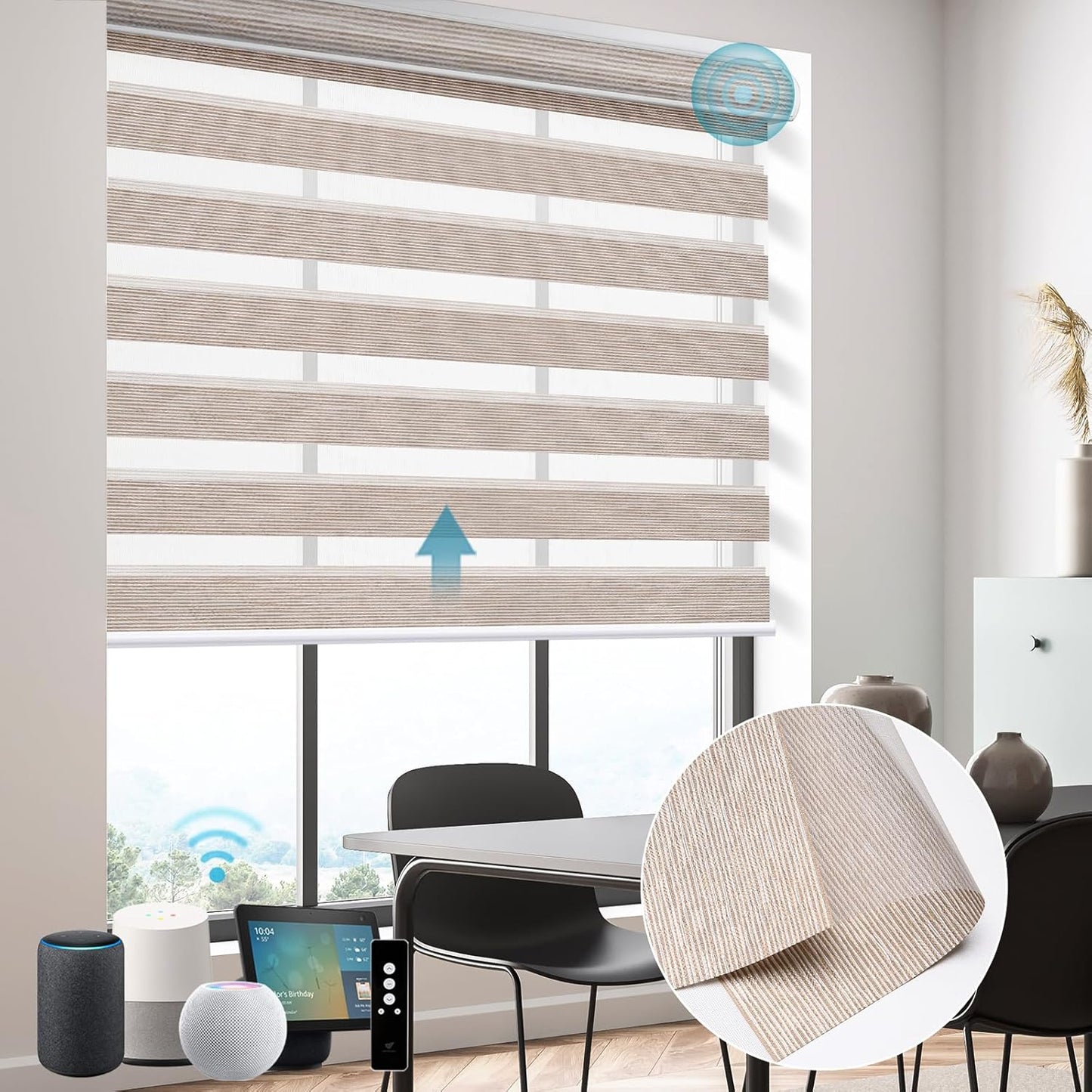 SmartWings Motorized Zebra Shades - Compatible with HomeKit, Alexa, SmartThings, Google - Remote Control Light Filtering Sheer Shades, 50% Blackout, for Smart Home/Office, Gold, Customized