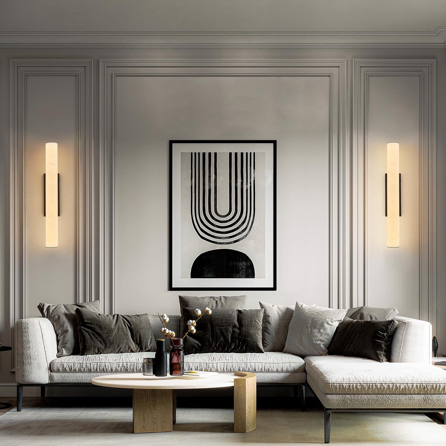 LMQNINE Natural Alabaster Wall Sconces Set of Two Spanish Marble Wall Light Cylinder Modern Black LED Sconce for Living Room Bedroom Bathroo Stairs（M-2Pack）