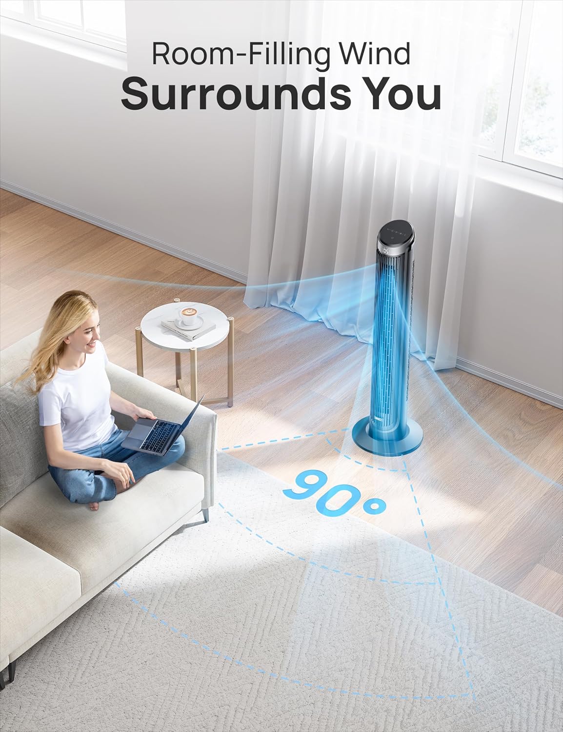 Dreo Tower Fan for Bedroom, 90° Oscillating Fans that Blow Cold Air, 5 Speeds, 4 Modes with 26ft/s Velocity, 12H & 28dB Quiet Timer, Remote, Touch, 40" Standing Floor Fan for Home Office, Black