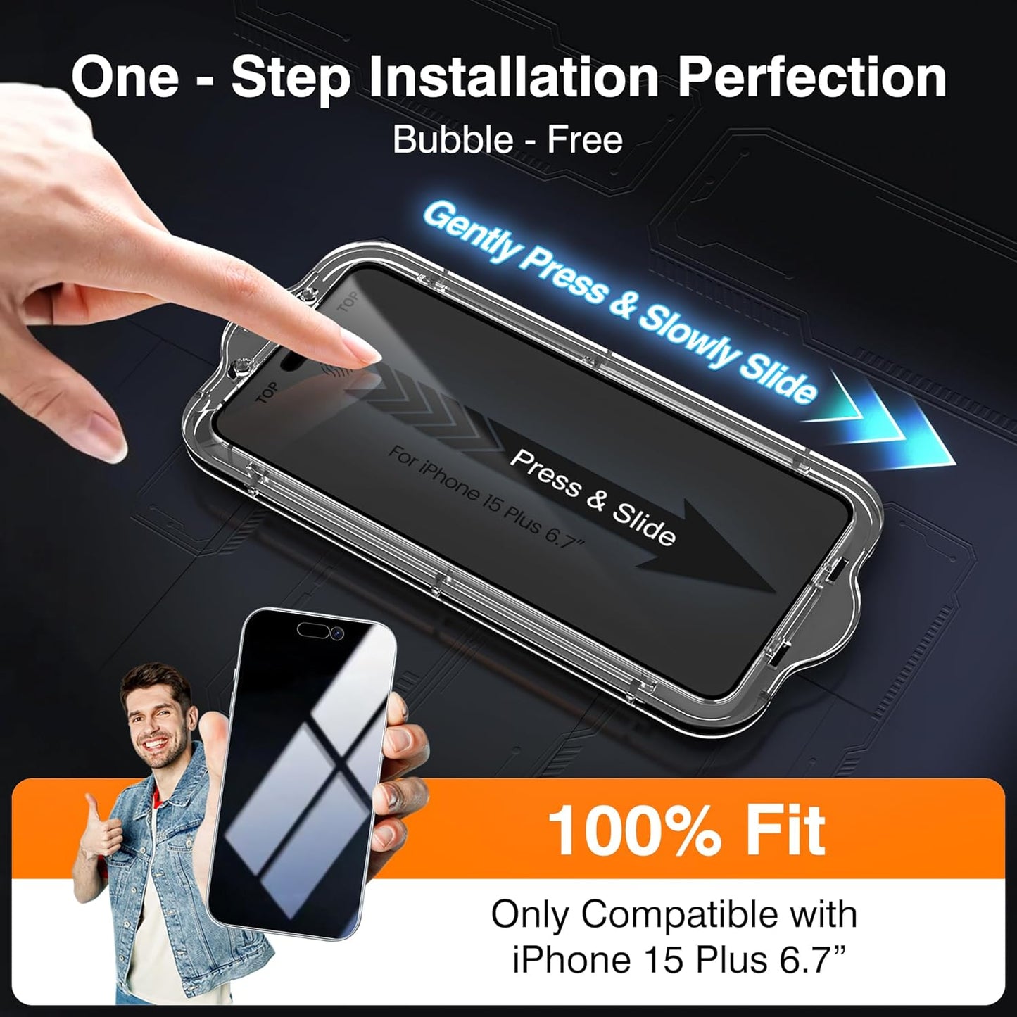 EZ-GLAZ- 4 Pack for iPhone 15 Plus Privacy Screen Protector [6.3"] With 2 Pack Camera Lens Protector, 9H+ Hardness 12FT Military Grade Shatterproof Scratch Resistant Durable Tempered Glass Film with Flawless Fit Kit