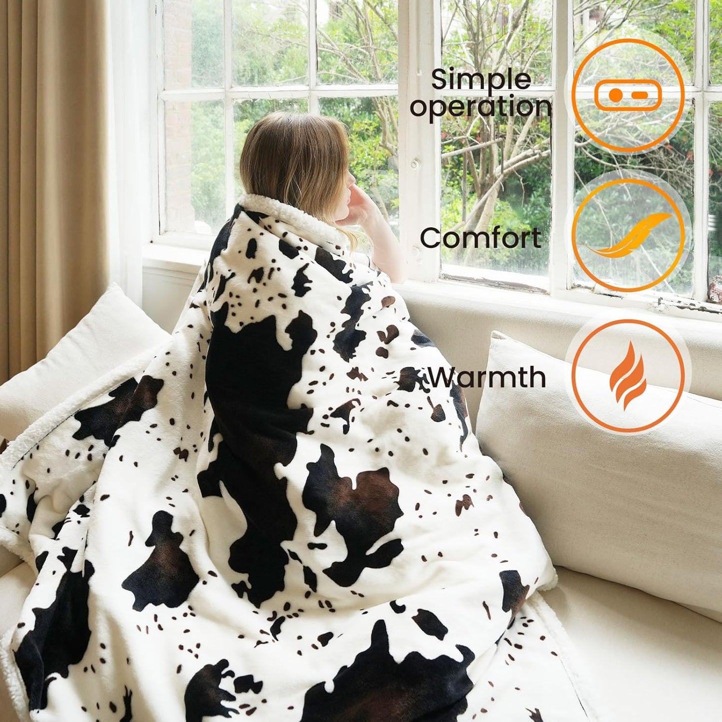 Cow Print Heated Blanket Twin-Heating Electric Blanket Twin with 10 Heat Levels & 10 Hours Auto-Off, Cozy Soft Fleece Sherpa, Washable, 62 x 84 Inches Cow Print White