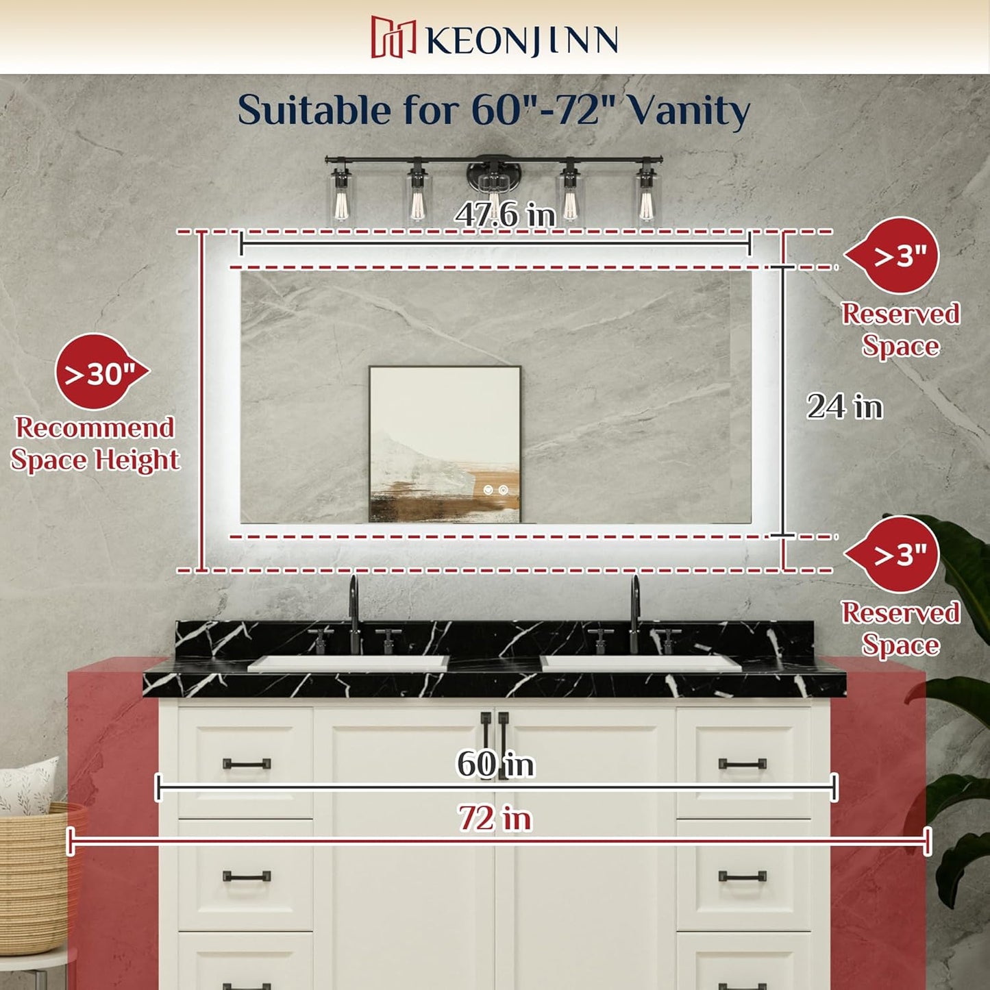 Keonjinn 47.8 x 24 Inch LED Bathroom Mirror with Backlit, Dimmable Vanity Mirror with Lights, High Lumen, Anti-Fog, CRI90+, UL Listed LED Driver, HD Tempered Glass