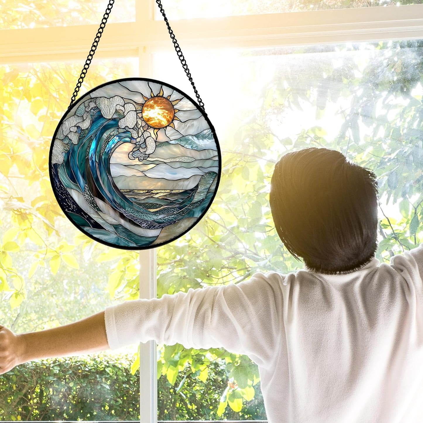 Stained Glass Window Hanging, Blue and White Waves Suncatcher Diamond Glass Panel Landscape Sun Catchers Decor for Birthday for Women, Men, Wife, Aunt, and Mom 6.3 x6.3 in