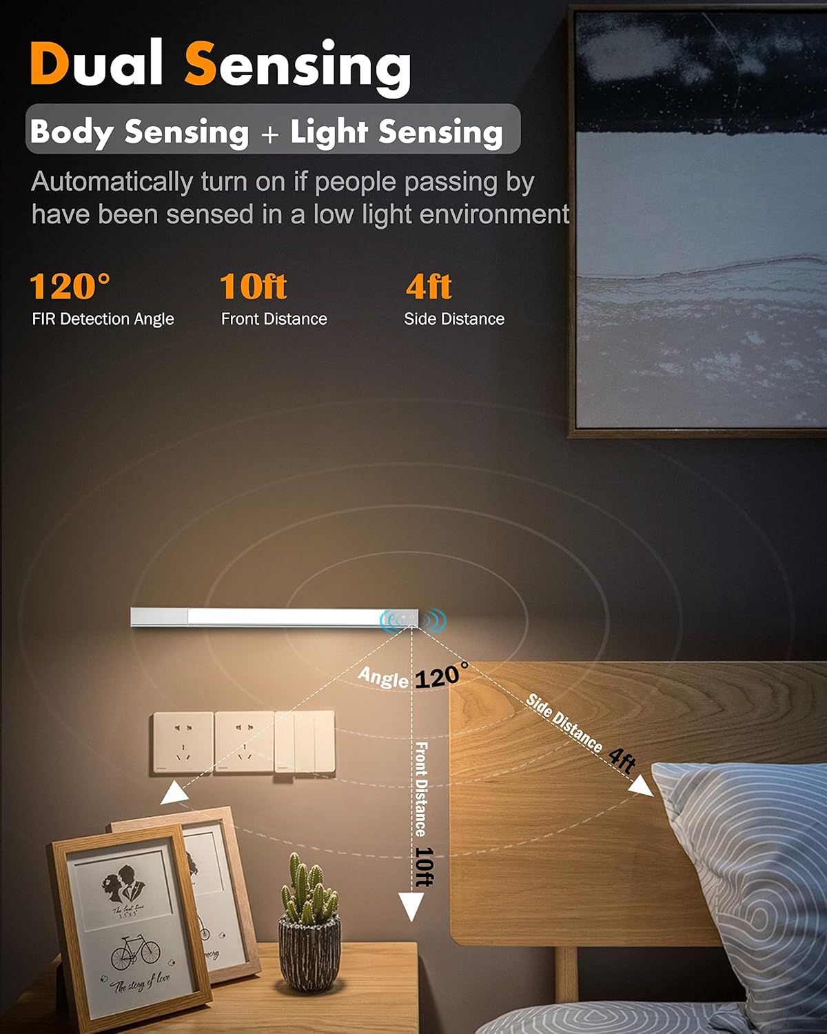 Under Cabinet Lighting, 128 LED Motion Sensor Counter Light, 3 Detachable Batteries, Adjustable Color Dimmable Brightness Closet Lights for Kitchen, Stairs(2 Pack, 20.16 in)