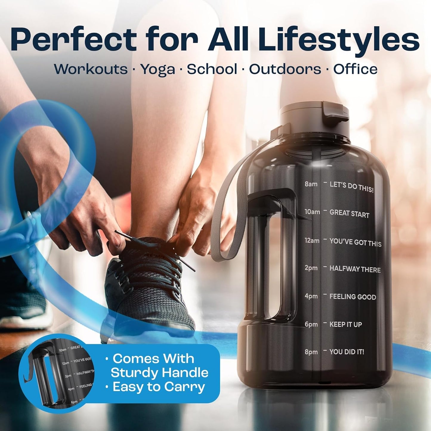 AQUAFIT 128 oz Water Bottle with Time Marker - Straw & Chug Lid - BPA Free 1 Gallon Gym Water Bottle with Handle - Big Gallon Jug (Clarity, 128 Ounces)