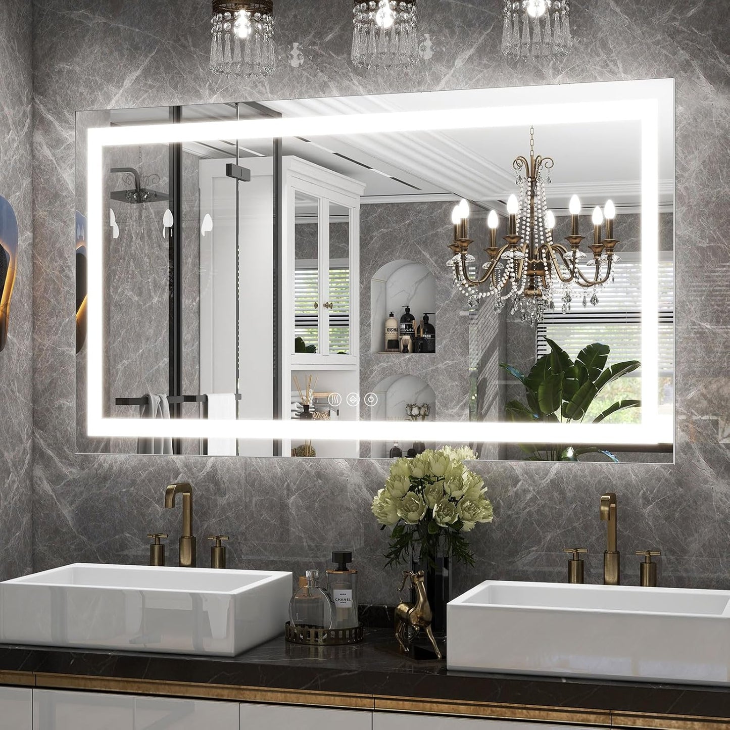 LED Bathroom Mirror, 32x48 Inch White Framed Gradient Front and Backlit Vanity Mirror, Anti-Fog, Dimmable, Wall Mounted Horizontal/Vertical Lighted Mirror, LED Vanity