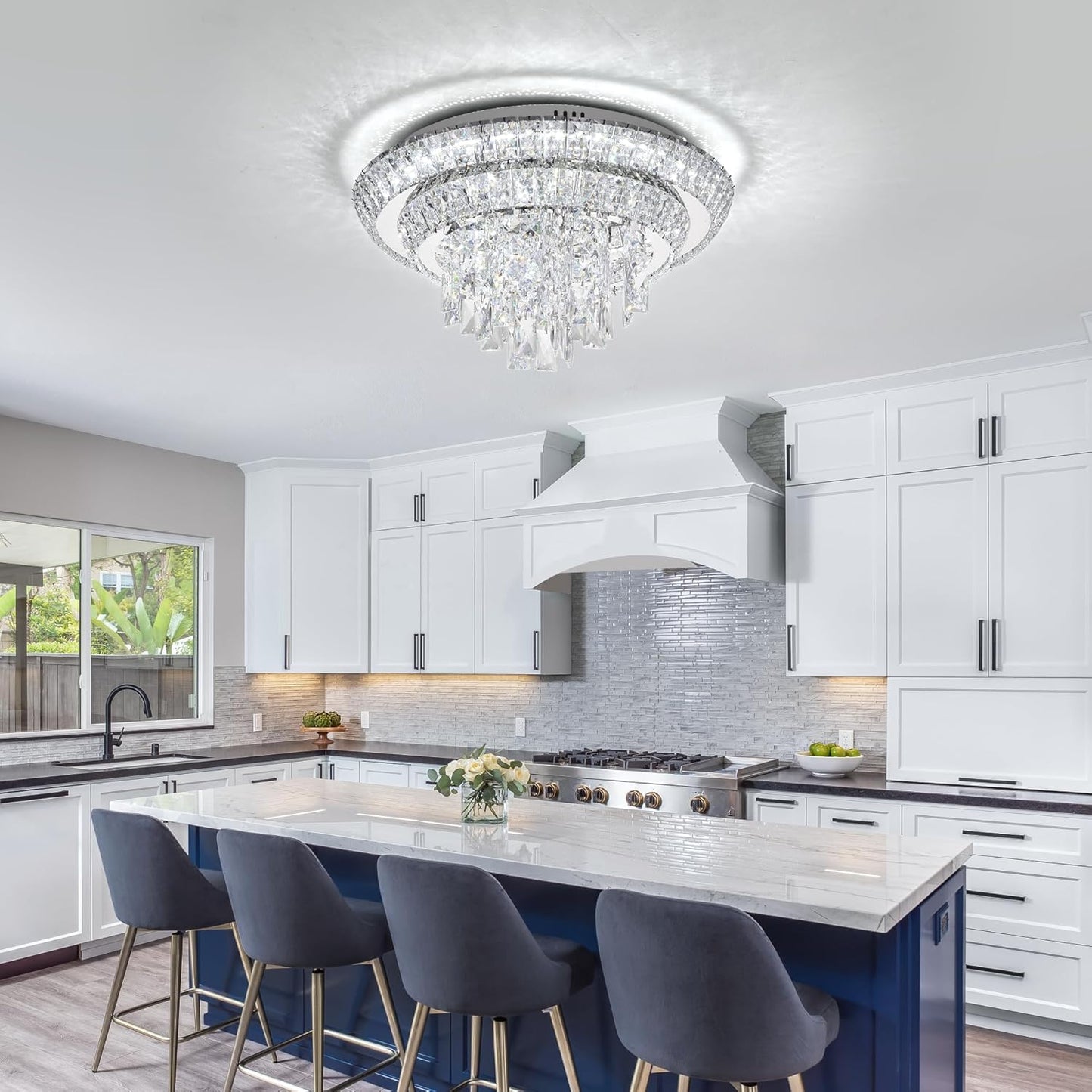 COCOSTAR 18 inch Flush Mount Crystal Chandeliers with Remote and APP, Modern Elegant LED Crystal Raindrop Ceiling Light Fixture, 3CCT Dimmable, for Living Room Kitchen Island Bedroom Entryway Foyer