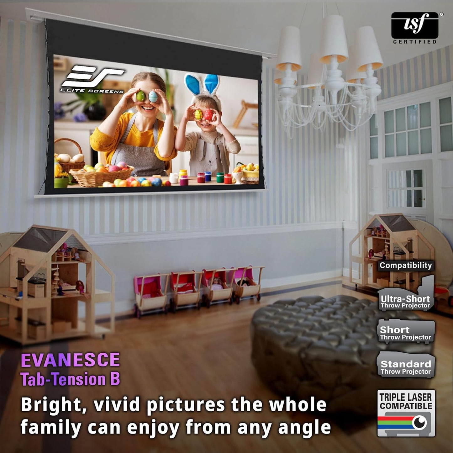 Elite Screens Evanesce Tab-Tension B, 110-inch 16:9, 4K / 8K HD, Recessed in-Ceiling Electric Tab Tensioned Projector Screen, Matte White Projection Screen Surface Programmed Remote Kit, ETB110HW3-E8