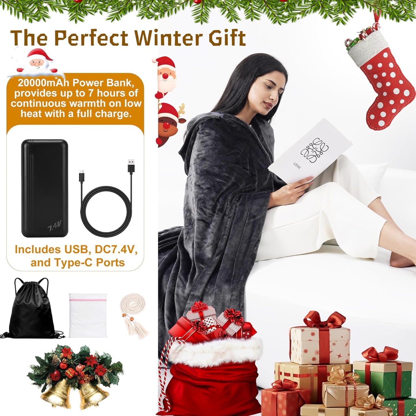 Large Portable Heated Blanket 71" × 43", Includes 2 Portable 20000mAh 7.4V Power Banks, 11 Heating Zones, 3 Heat Settings, 1–6H Timer, Machine Washable, with Laundry Bag, Waist Belt & Backpack