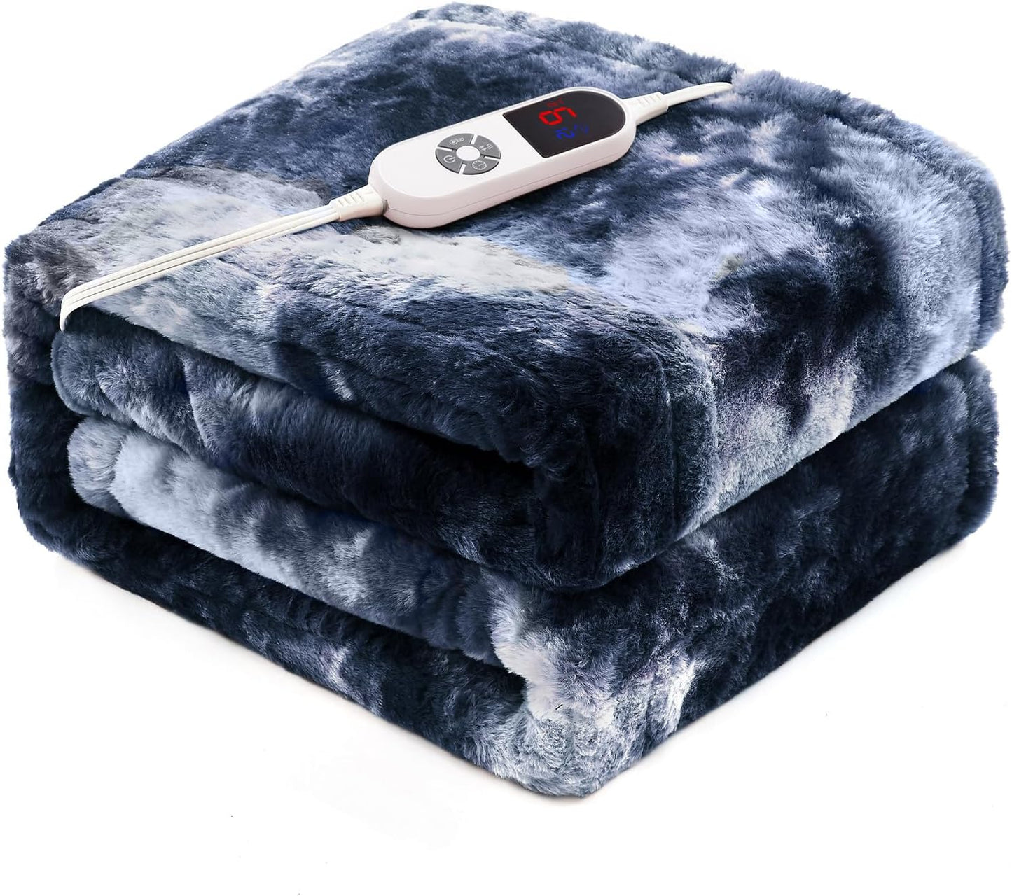 Electric Heated Throw Blanket 50"x60",Luxury Blue Faux Rabbit Fur Electric Blanket,Fast Heating Soft Fluffy Thick Electric Blanket with 6 Heating Levels & 12H Auto Off