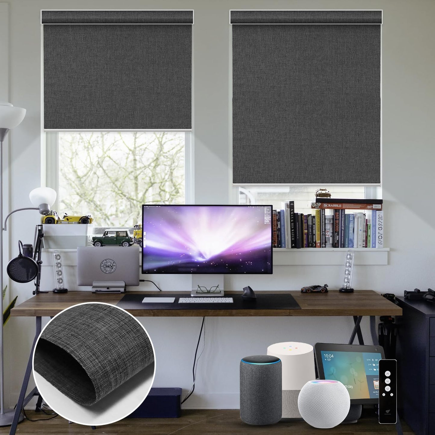 SmartWings Motorized Blinds Dual-Sided Cordless Smart Blackout Shades, Custom Size, Rechargeable Battery, Work with Matter/Apple HomeKit, Alexa, Thread/Zigbee, Remote Optional, Bouvardia Dark Grey