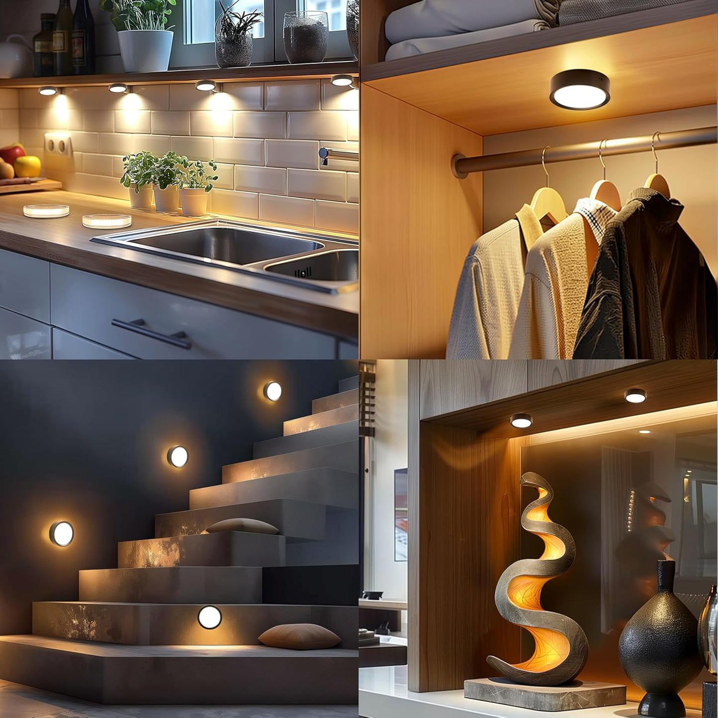DAMI Under Cabinet Lighting with Remote Control, Rechargeable Battery Operated Wireless Shelf Lights, Locker Lights Magnetic Stick on Tap, Color Changing Puck Lights for Kitchen, 6 Pack, Black