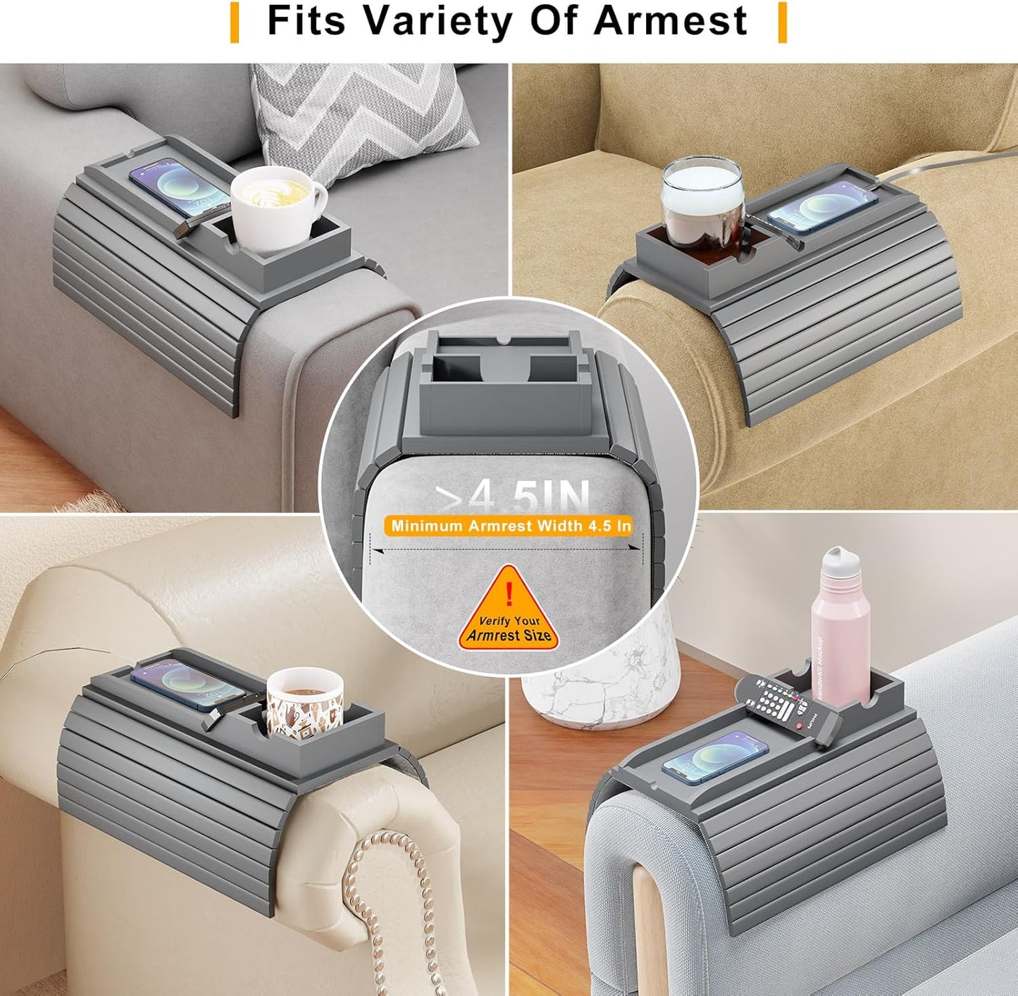Bamboo Couch Armrest Table, Sofa Arm Tray with Detachable Couch Cup Holder- 2 in 1 Anti-Slip Foldable Sofa Armchair Caddy Table for Drinks Cellphone TV Remote Snacks (Gray)