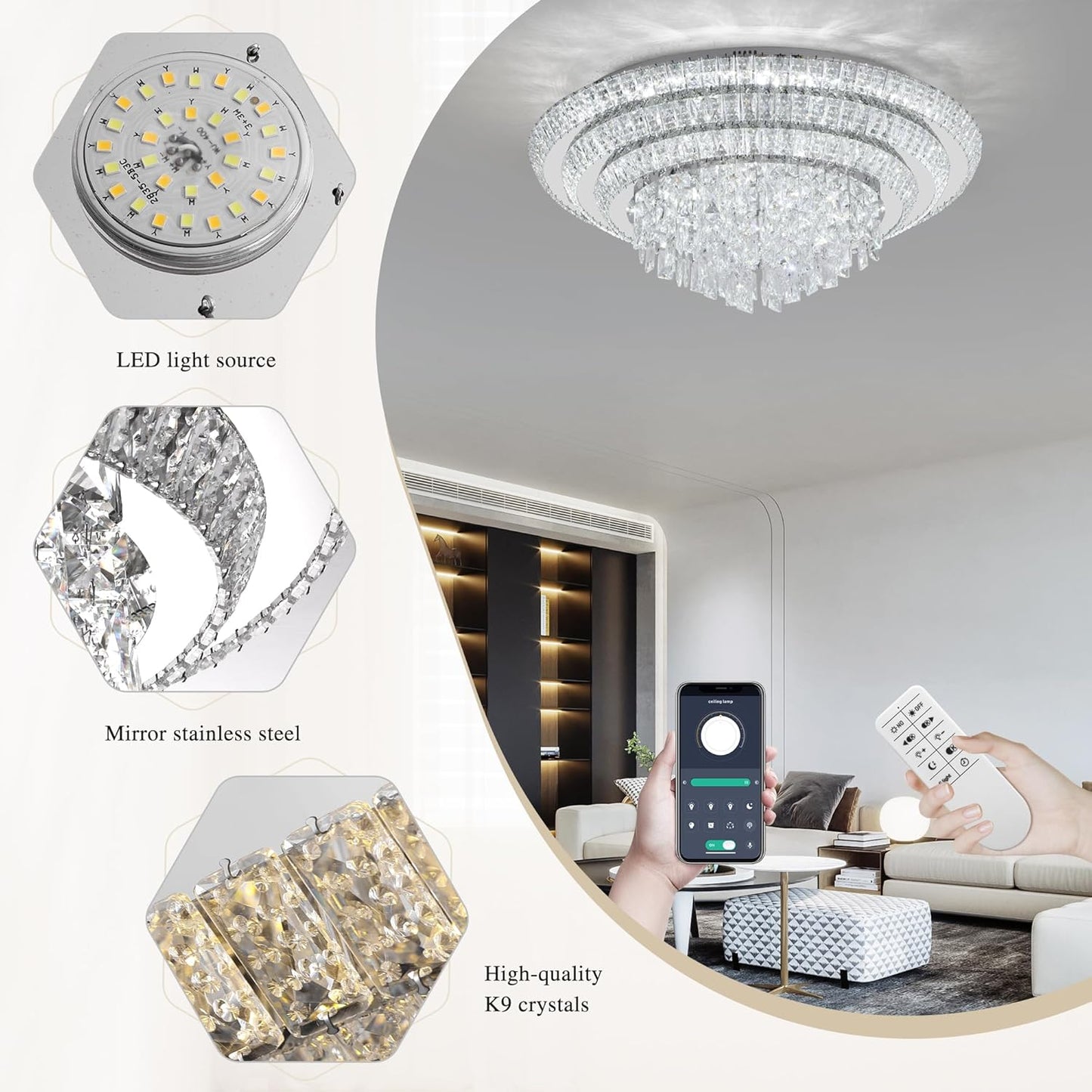 COCOSTAR 30 inch Flush Mount Crystal Chandeliers with Remote and APP, Modern Elegant LED Crystal Raindrop Ceiling Light Fixture, 3CCT Dimmable, for Living Room Kitchen Island Bedroom Entryway Foyer