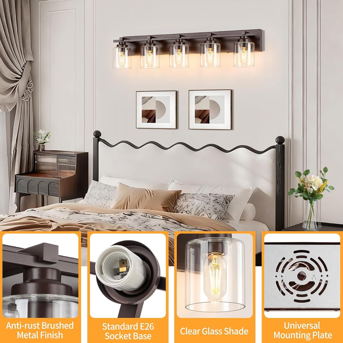 5 Light Modern Bathroom Light Fixtures Over Mirror, Bronze Finish Vanity Lights for Bathroom Wall Sconces with Clear Glass Shades, E26 Socket (Bulbs Not Included)