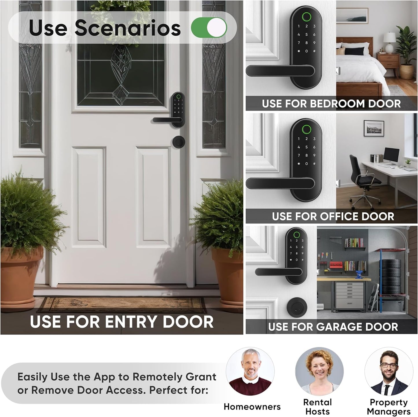 Keyless Entry Fingerprint Digital Smart Lock with Handle & Keypad: Electronic/Electric Lock with Code, App Control Biometric Deadbolt Door Knob for Front, Interior, Exterior & Bedroom Door (Black)