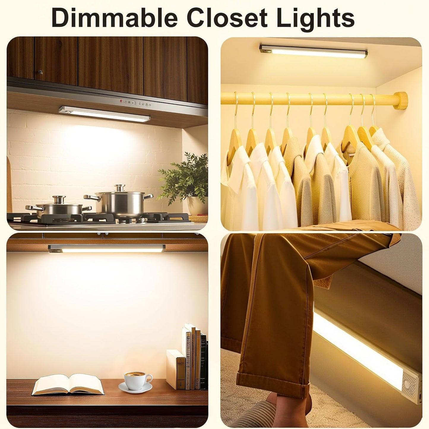 Under Cabinet Lighting, 3 Color Under Cabinet Lights Motion Sensor, 3200mAh Rechargeable 118LED Magnetic Light Bar Indoor, Wireless Battery Operated Closet Lights for Kitchen Home Stairs, 2Pack