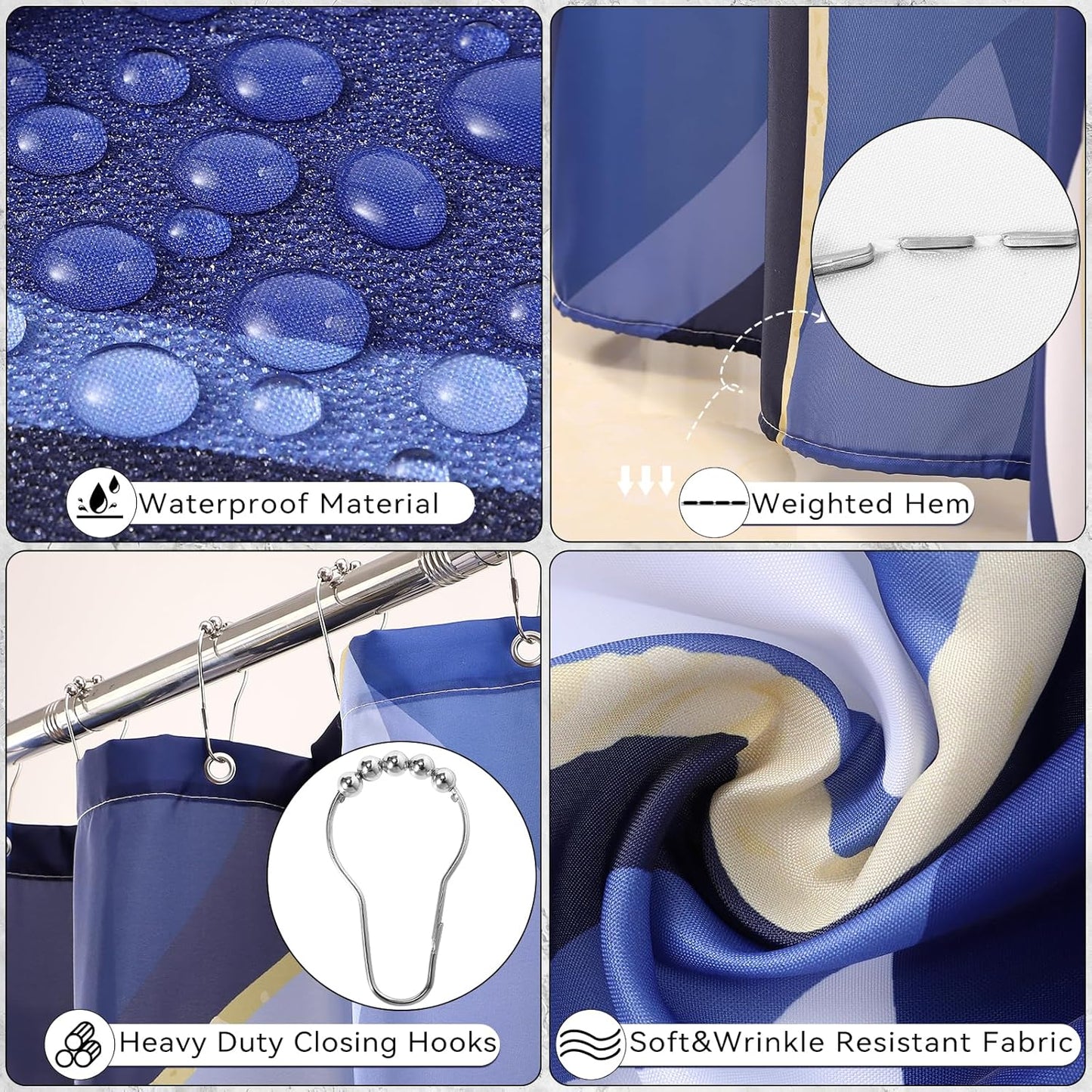 Bathroom Set - Blue and Gold Bathroom Accessories, Bathroom Sets with Shower Curtain and Rugs, Navy Blue Shower Curtain Set with Bathroom Trash Can, Soap Dispenser, Soap Dish for Home Decor