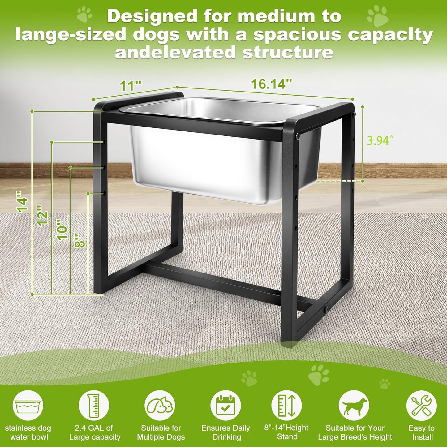 Adjustable Height Elevated Large Dog Water Bowls with Stainless Steel Bowls and Metal Stand，4-Level (8/10/12/14 Inches) Pet Bowl for Dogs for Large Medium Dogs - Durable, Easy to Clean (2gallon)