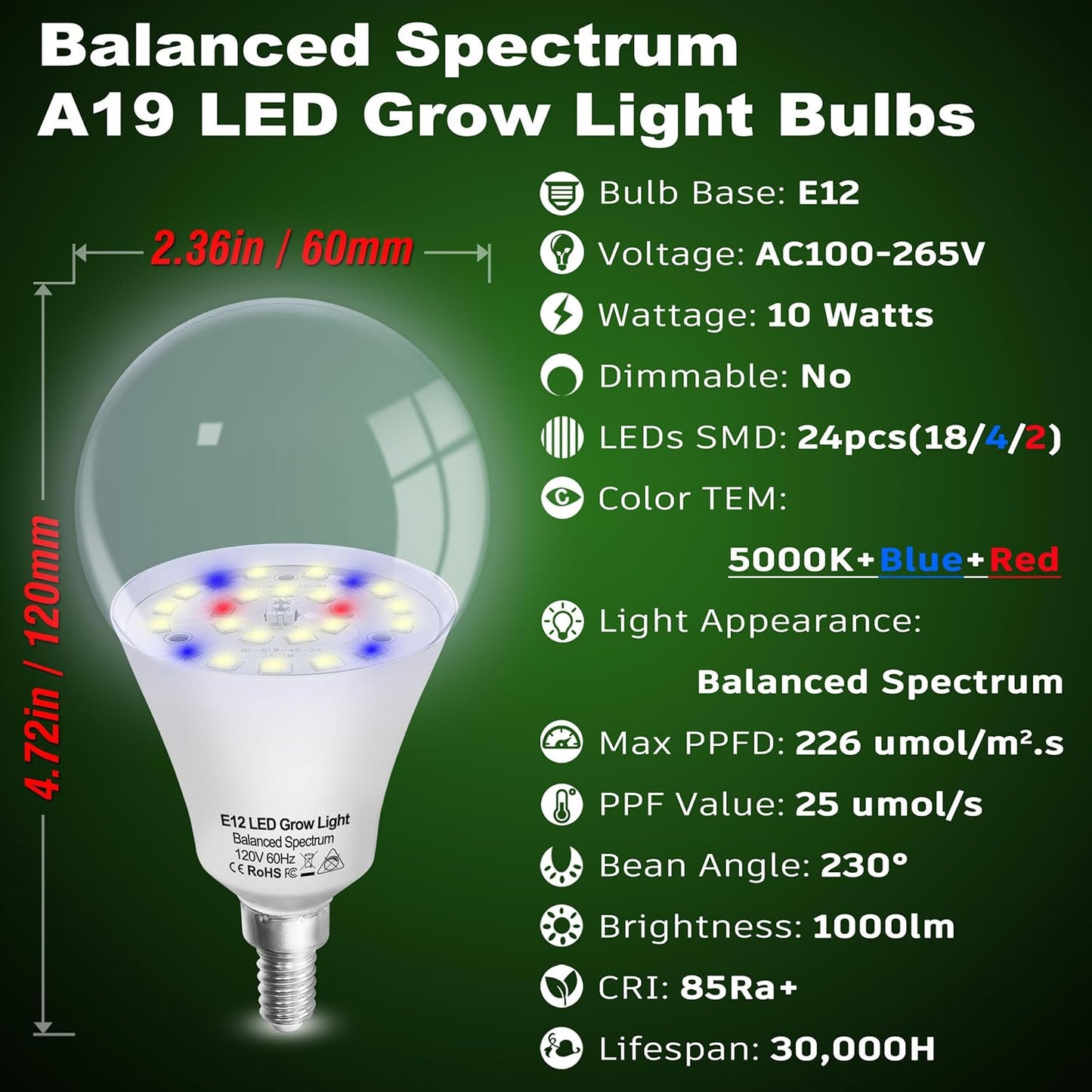 Grow Light Bulbs E12 Candelabra Small Screw Base for Indoor Plants Full Spectrum,Grow LED Light Bulb 10W with Balanced Spectrum 5000K Blue Red for Seeds Greens Laboratory,School,Greenhouse Garden,6Pcs