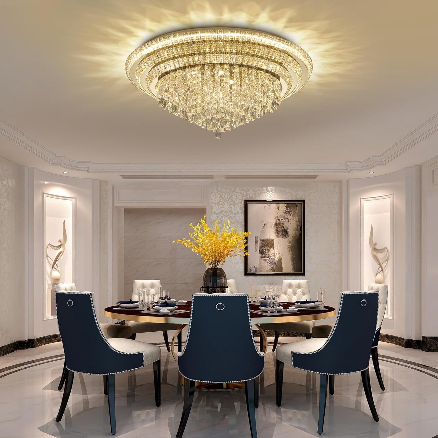 40 inch Flush Mount Crystal Chandeliers with Remote and APP Gold, Modern Elegant LED Crystal Raindrop Ceiling Light Fixture, 3CCT Dimmable, for Living Room Kitchen Island Bedroom Entryway Foyer