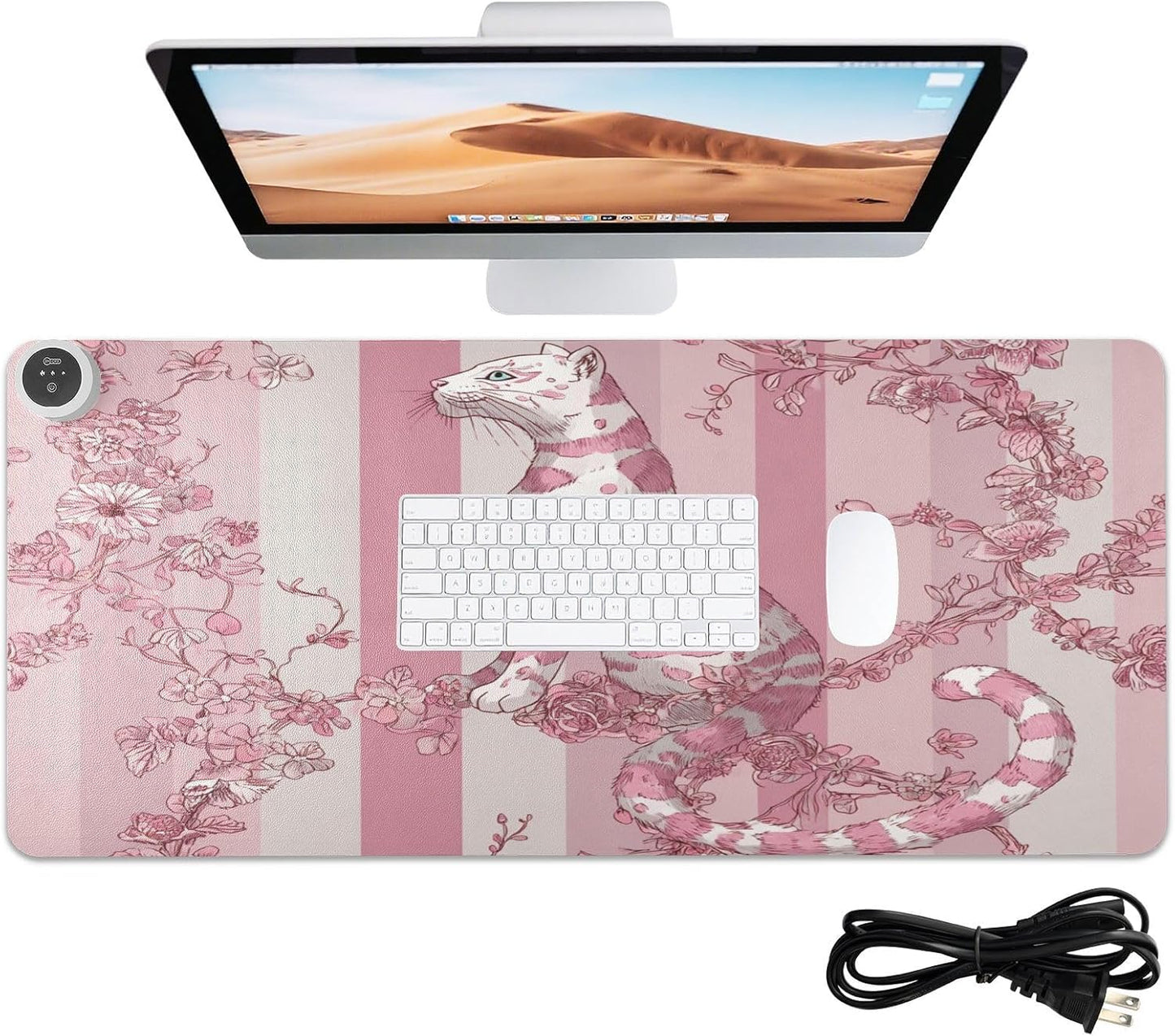 Heated Desk Pad Mouse Pad 31.5x13 Inch PU Leather Desk Mat with 3 Heat Levels Large Mouse Gaming Computer Laptop Mat Pink Leopard Stripes Floral