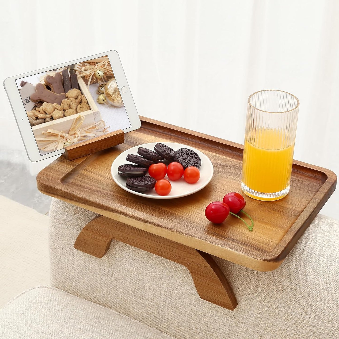 SINWANT Couch Arm Table, Acacia Wood Sofa Arm Rest Tables Couch Armrest Table with 360° Phone Holder,Portable Sofa Armrest Tray for Drink Snacks