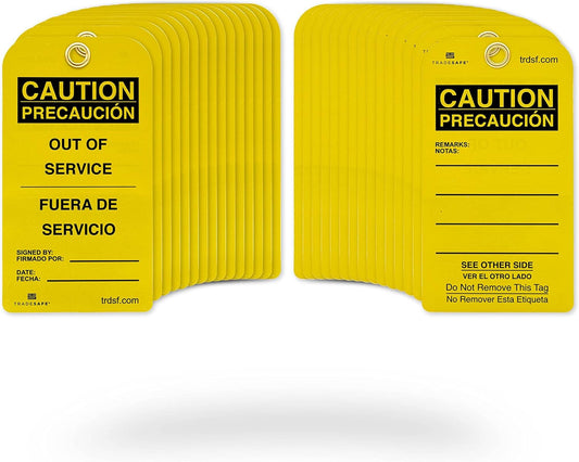 TRADESAFE Bilingual Out of Service Tags, Fuera de Servicio - 30 Yellow Caution Sign with 30 Cable Ties, Durable 32 mil Vinyl, Caution Tags for Equipment Repair or Service, Accident Prevention