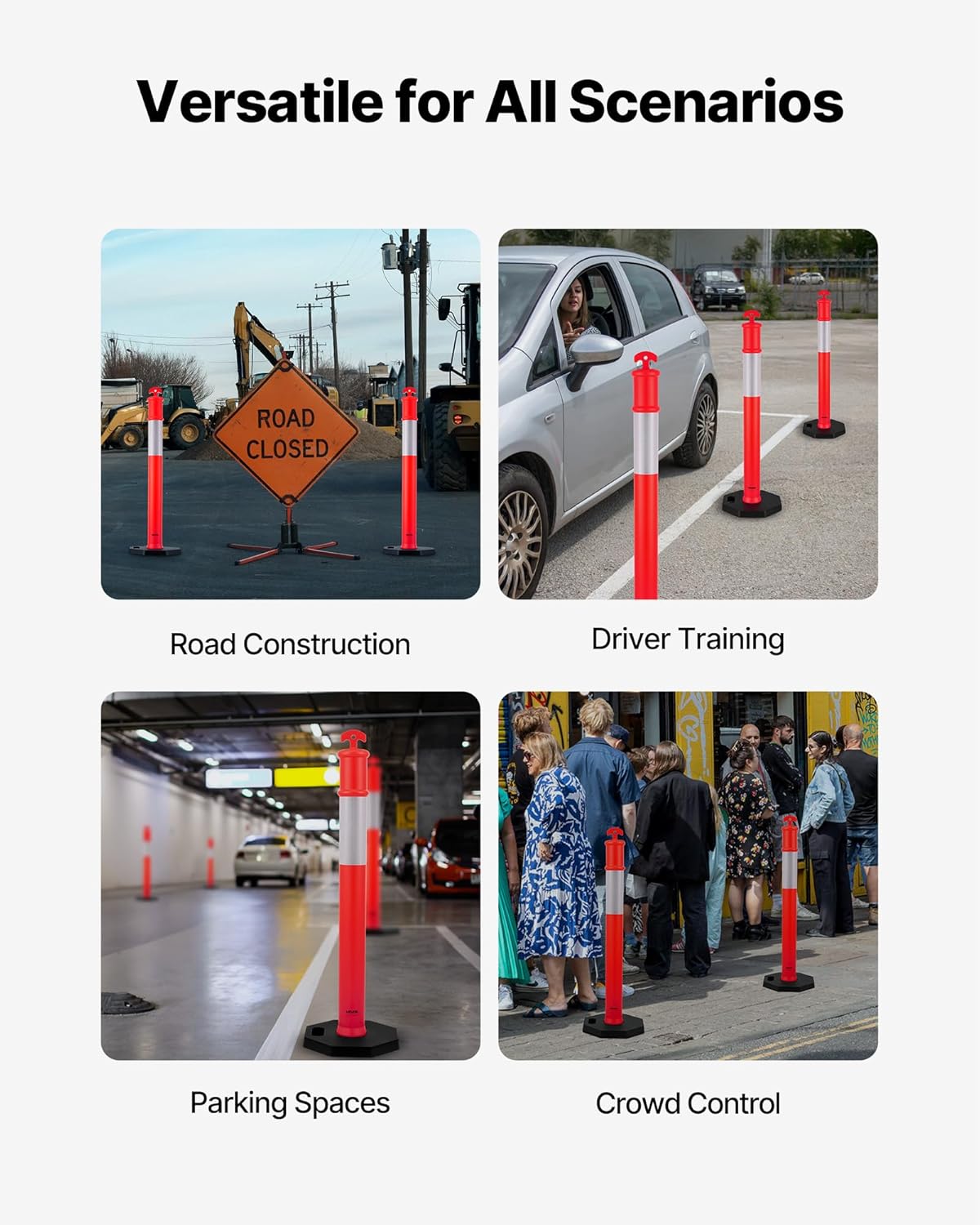 VEVOR 6 Pack Traffic Delineator Posts, 48 inches Traffic Safety Cones with Weighted Base and Reflective Strips, Heavy Duty Delineator Posts for Construction Site, Parking Lot, Crowd Control, Red