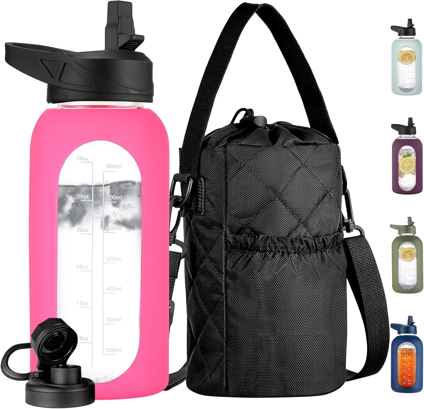 CIVAGO 32 oz Glass Water Bottle with Straw and Insulated Bottle Holder Sling, Motivational Water jug with Time Marker and Silicone Sleeve, Water Flask with 2 Lids for Walking and Gym Camelia