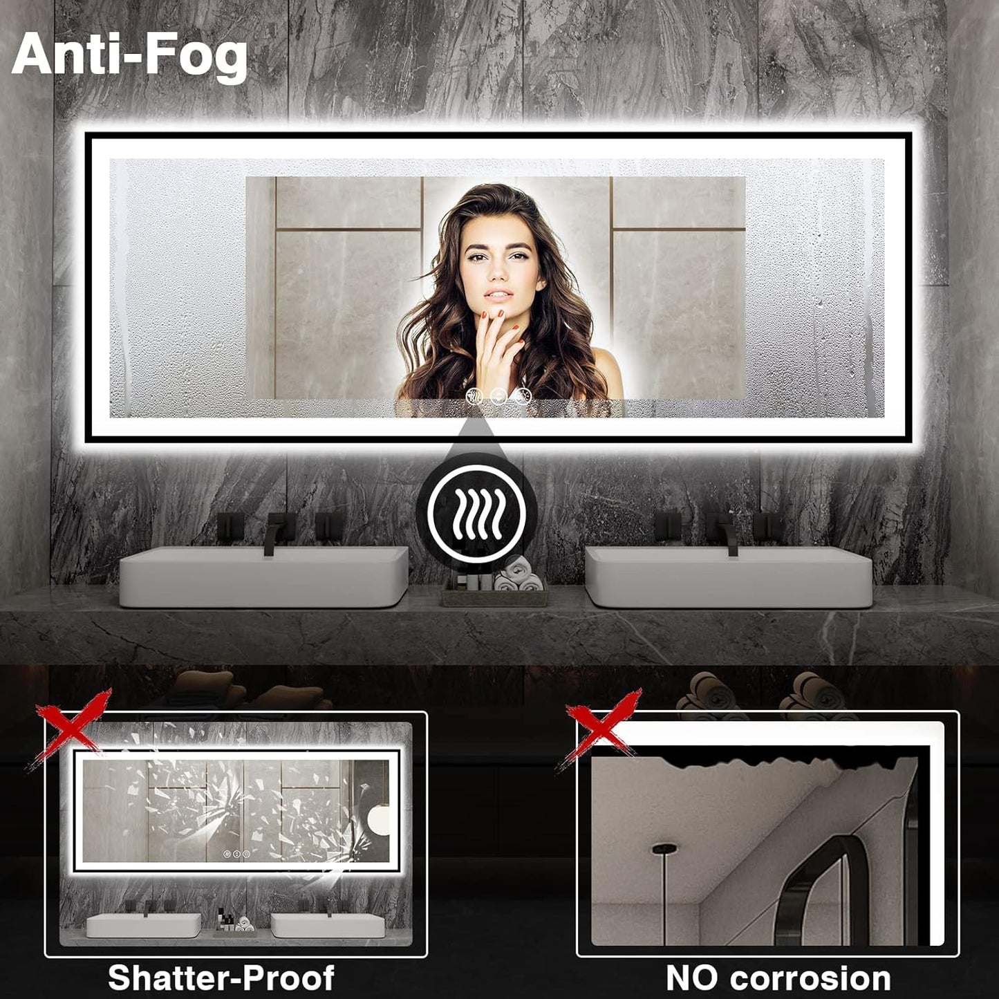 84x32 Large LED Bathroom Mirror - Black Aluminum Framed (Front and Backlit), Anti-Fog Stepless Dimmable 3 Colors Smart Lighted Vanity Mirror for Wall(Horizontal/Vertical)