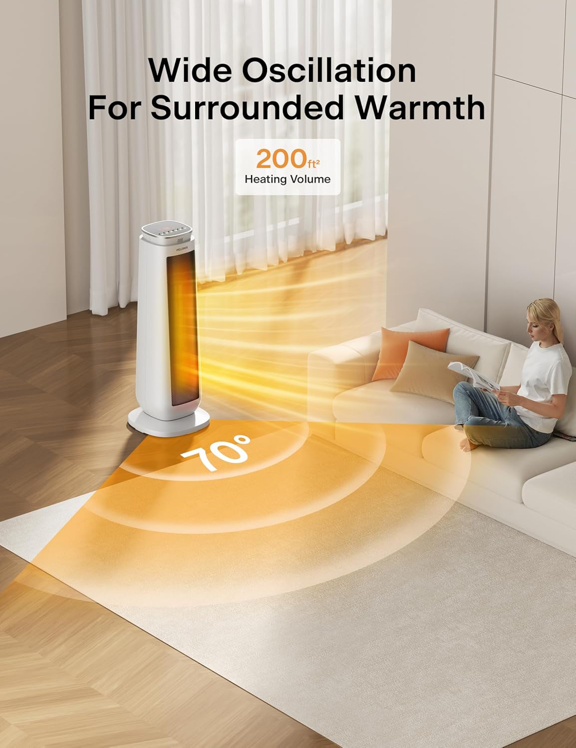 PELONIS 23” Oscillating Ceramic Tower Space Heater with Remote & Thermostat, Electric Energy Efficient Floor Heater for Indoor Use Large Room Safe with Timer, ECO Mode, 1500W, White