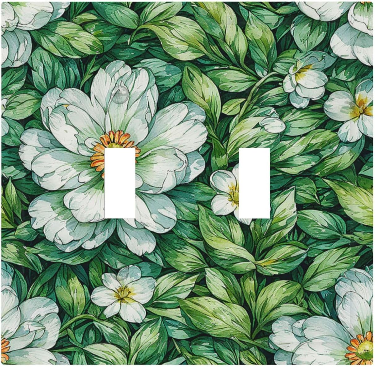 Vintage Floral White Flowers Green Plants Leaves Decorative Switch Plates 2 Gang Double Toggle Outlet Light Switch Cover Wall Plate Electrical Faceplate for Bedroom Bathroom Decor