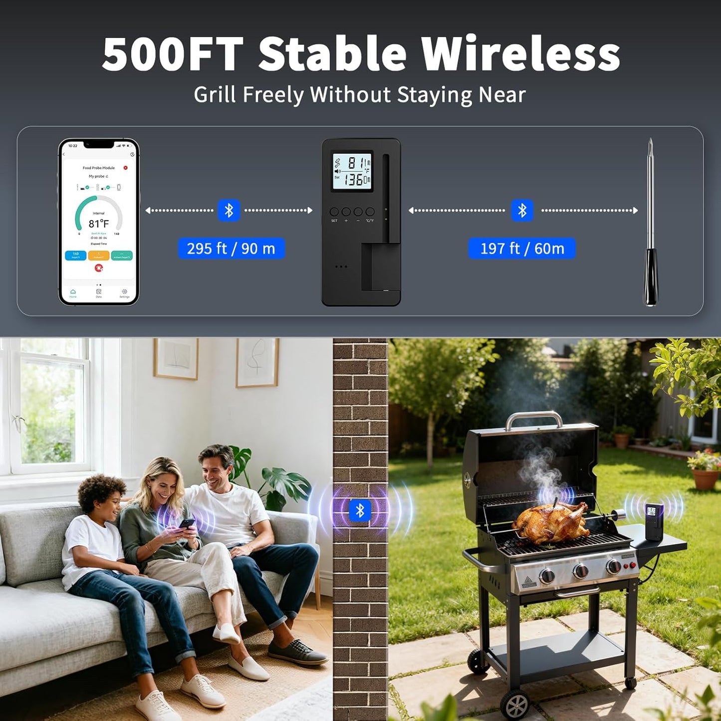 Smart Bluetooth Wireless Meat Thermometer, Standalone Display Base, Digital Meat Thermometer with App Control, 500FT Wireless Range for BBQ, Grill, Oven, Smoker, Air Fryer Needs