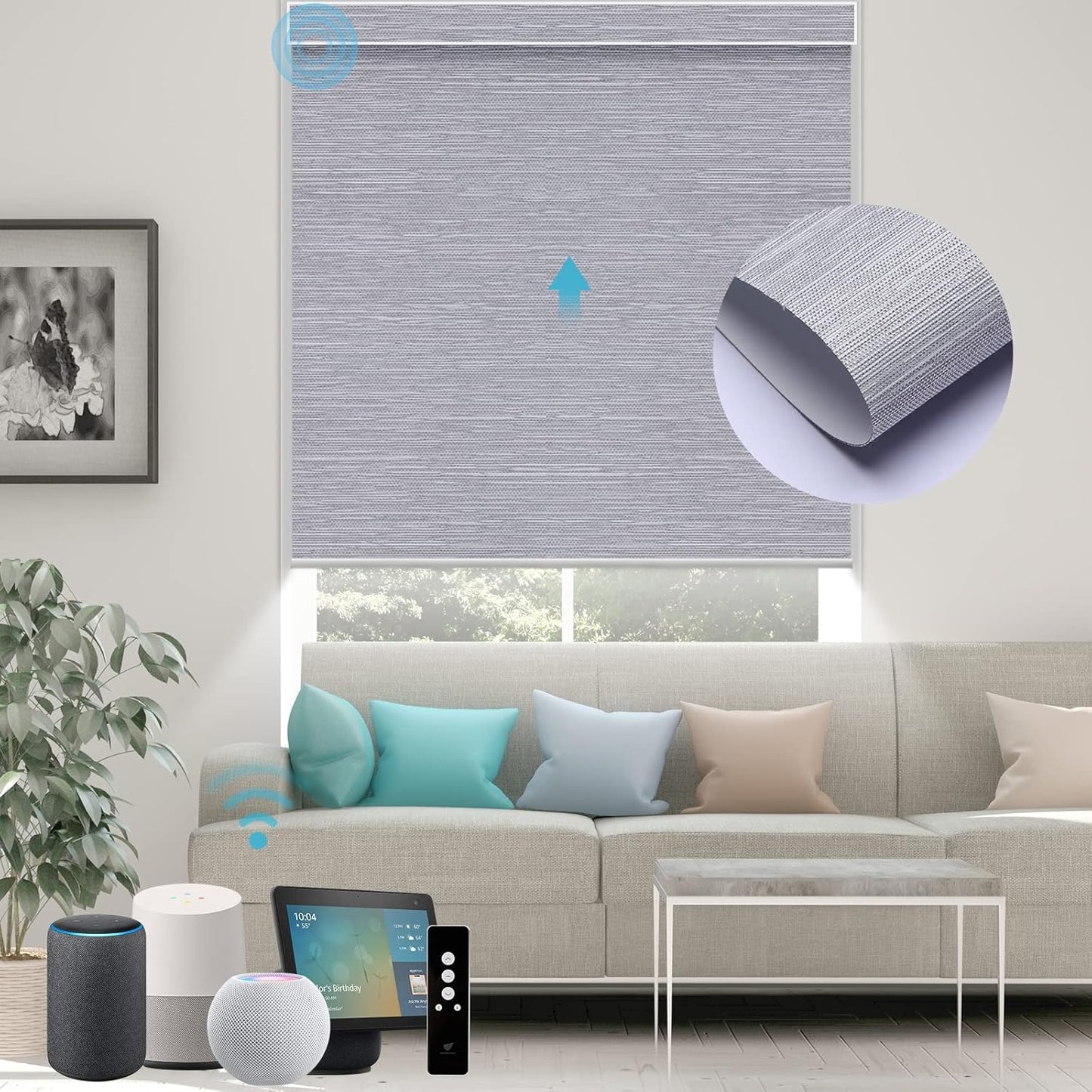 SmartWings Motorized Roller Shades Work with Homekit, Alexa Google, 100% Blackout Smart Blinds for Windows, Cordless Remote Control Window Shades, Essential Grey, Customized Size