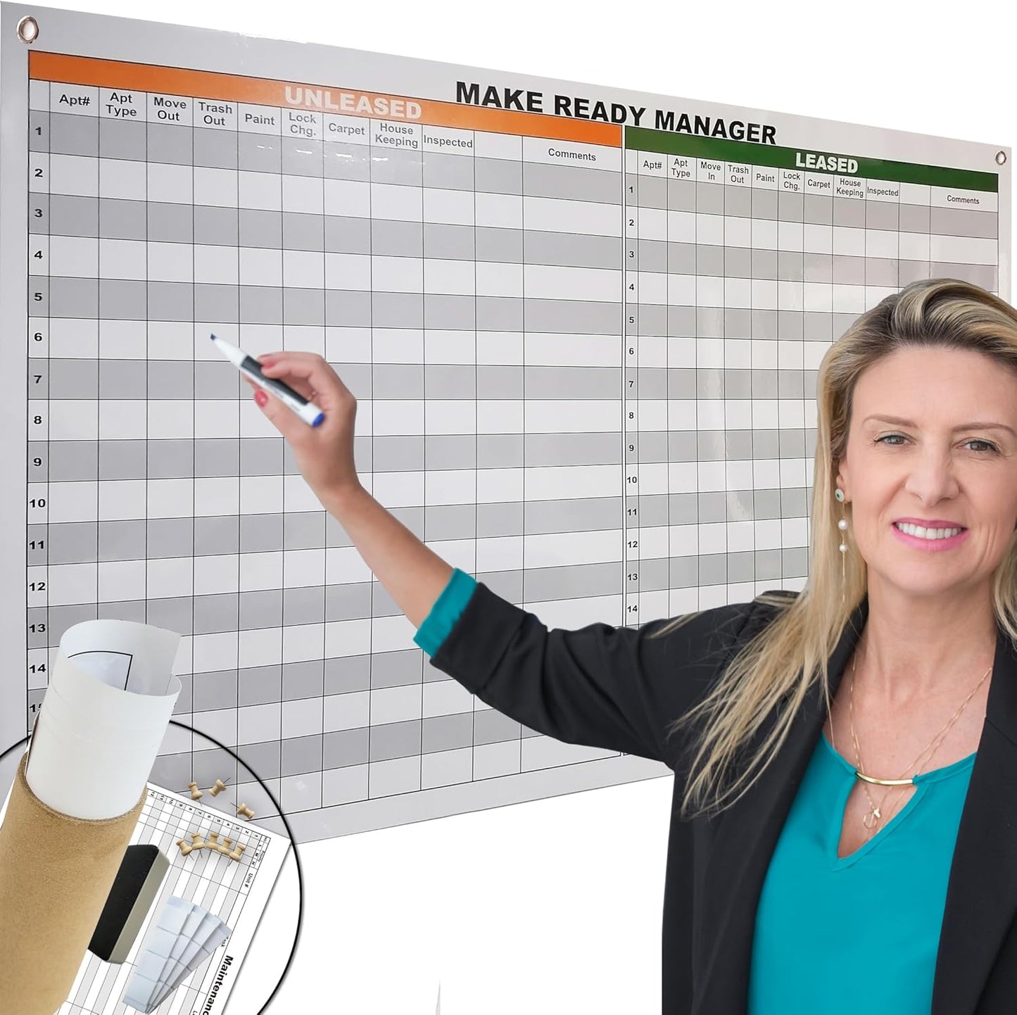 Large Make Ready Manager Board Property Management,24" X 36" Property Maintenance Work Schedule Dry Erase Board,Reusable Laminated Leasing Apartment Task Tracking Poster