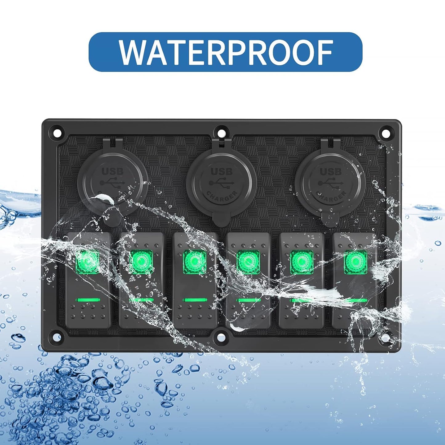 6 Gang Rocker Switch Panel, LED Digital Voltmeter with 3.1A Dual USB Charger, 12/24V Wired Toggle Switch Panel for Automotive Cars Marine Boats RVs Green